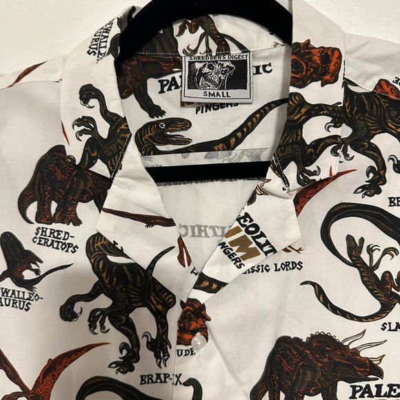 Shredders Digest Dinosaur Motif Button Up Skater Shirt Short Sleeve Size Small - Picture 2 of 2